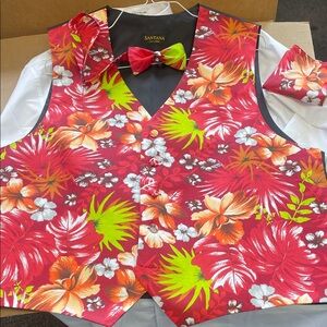 Floral Red Vest with Bow Tie